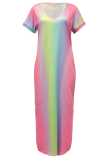 Fashion Gradual Change Patchwork V Neck Straight Dresses