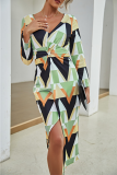 Fashion Elegant Print Patchwork Slit V Neck Dresses