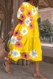 Casual Print Patchwork O Neck Cake Skirt Dresses