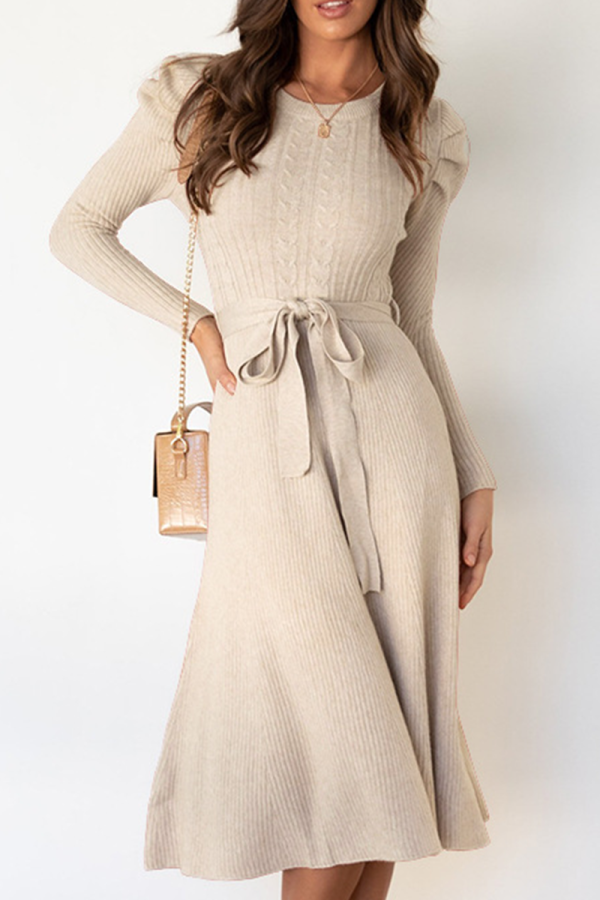 Elegant Solid With Belt O Neck Dresses Sweater