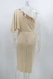 Elegant Solid Patchwork Fold Oblique Collar Evening Dress Dresses