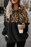 Casual Leopard Draw String Pocket Zipper Hooded Collar Tops