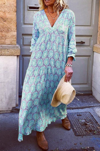 Casual Print Patchwork V Neck Straight Dresses