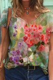 Casual Print Patchwork V Neck T-Shirts