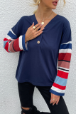 Casual Striped Patchwork Buttons V Neck Tops