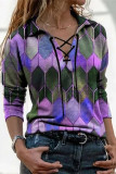 Loose Printed Long-Sleeved Tie V-Neck T-Shirt