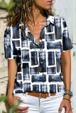 Casual Street Print Patchwork Buckle Shirt Collar Tops