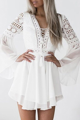 Elegant Solid Lace Hollowed Out Pocket V Neck Waist Skirt Dresses