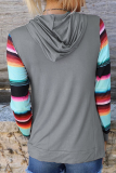 Casual Print Draw String Pocket Hooded Collar Tops