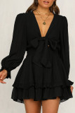 Fashion Street Solid Patchwork V Neck Cake Skirt Dresses