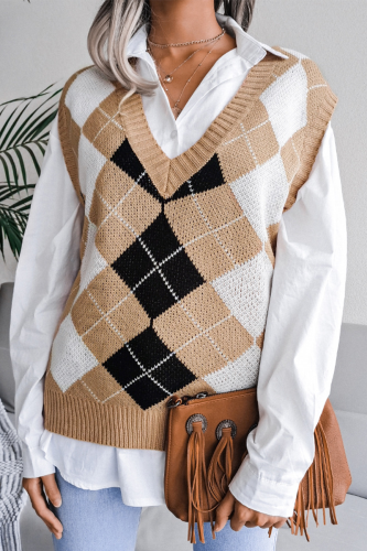 Casual Plaid Geometric Contrast V Neck Tops Sweater