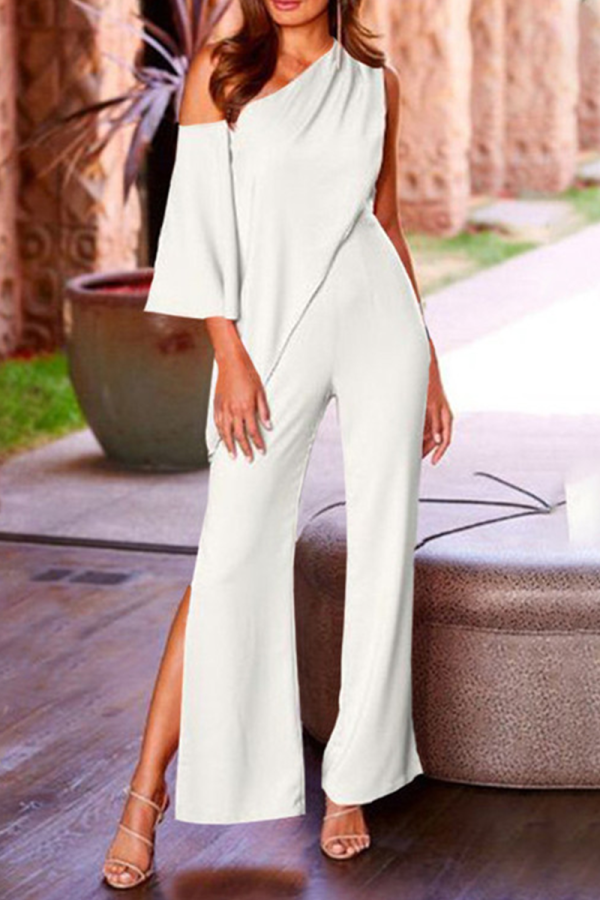 Fashion Solid Patchwork One Shoulder Boot Cut Jumpsuits