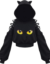 Party Print Hollowed Out Patchwork Hooded Collar Tops