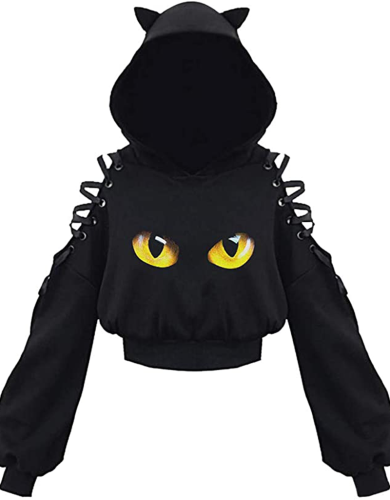 Party Print Hollowed Out Patchwork Hooded Collar Tops