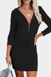 Elegant Solid Draw String Zipper Hooded Collar Dresses