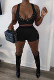 Sexy Solid Buckle V Neck Sleeveless Two Pieces