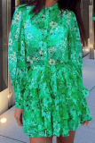 Casual Print Patchwork Turndown Collar Cake Skirt Dresses