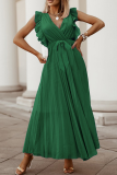 Fashion Elegant Solid Flounce Strap Design V Neck Pleated Dresses