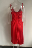 Elegant Solid Patchwork V Neck Pleated Dresses (Without Belt)