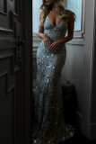 Sexy Patchwork Sequins Backless Spaghetti Strap Long Dress Dresses