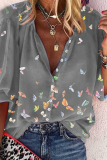 Casual Butterfly Print Buckle Turndown Collar Tops