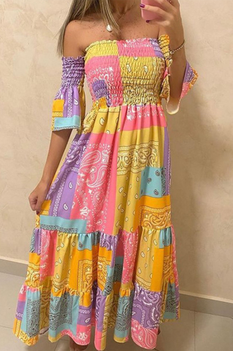 Fashion Print Patchwork Off the Shoulder Waist Skirt Dresses