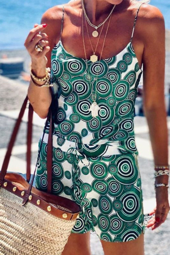 Casual Print Patchwork Spaghetti Strap Sleeveless Two Pieces