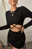 Fashion Street Solid Hollowed Out O Neck Wrapped Skirt Dresses