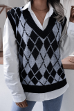 Casual Plaid Geometric Contrast V Neck Tops Sweater