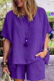 Casual Solid Patchwork O Neck Short Sleeve Two Pieces