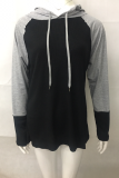 Casual Patchwork Draw String Contrast Hooded Collar Tops