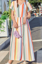 Sweet Striped Patchwork V Neck A Line Dresses