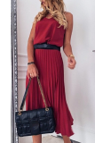 Elegant Solid Patchwork V Neck Pleated Dresses (Without Belt)
