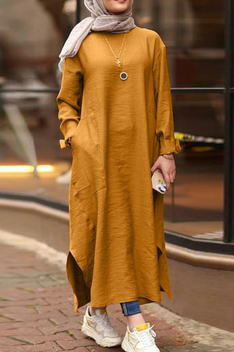 Casual Vintage Solid Buttons Slit O Neck Dresses