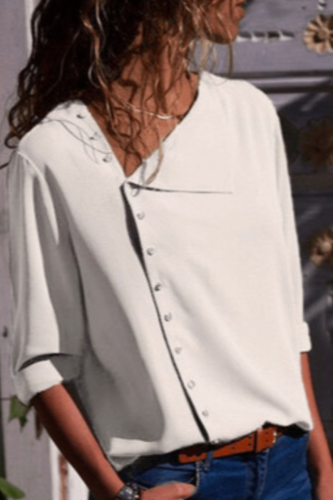 Casual Solid Buckle O Neck Tops