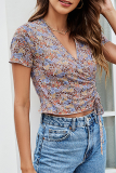 Sweet Floral Draw String Frenulum V Neck Tops