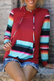 Casual Print Draw String Pocket Hooded Collar Tops