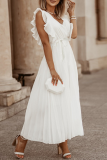 Casual Solid Patchwork V Neck Cake Skirt Dresses