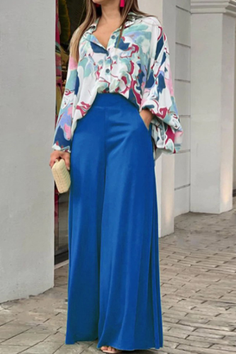 Fashion Print Patchwork Turndown Collar Long Sleeve Two Pieces