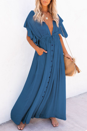 Casual Solid Patchwork V Neck Cake Skirt Dresses