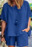 Casual Solid Patchwork O Neck Short Sleeve Two Pieces