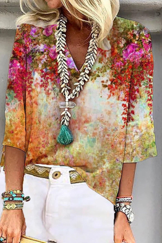 Fashion Patchwork Tie-dye V Neck T-Shirts