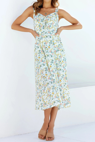 Elegant Floral Slit Fold V Neck A Line Dresses