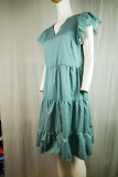 Casual Dot Flounce V Neck Cake Skirt Dresses