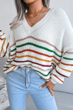 Casual Striped Patchwork V Neck Tops Sweater