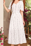 Fashion Street Print Frenulum V Neck Waist Skirt Dresses