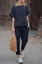 Casual Solid Flounce O Neck Short Sleeve Two Pieces