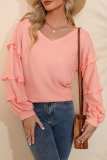 Casual Solid Patchwork Stringy Selvedge V Neck Tops