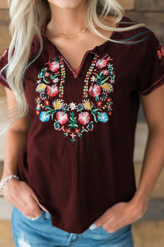 Casual Vintage Embroidery Basic POLO collar Mid Waist T-Shirts