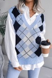 Casual Plaid Geometric Contrast V Neck Tops Sweater